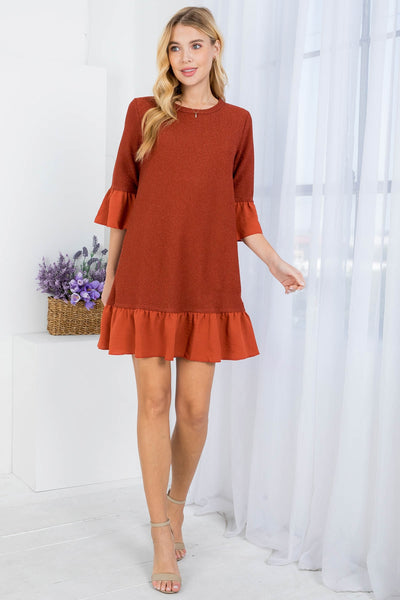 RUST ROUND NECKLINE RUFFLE HEM & SLEEVE MINI DRESS (NOW $4.00 ONLY!)