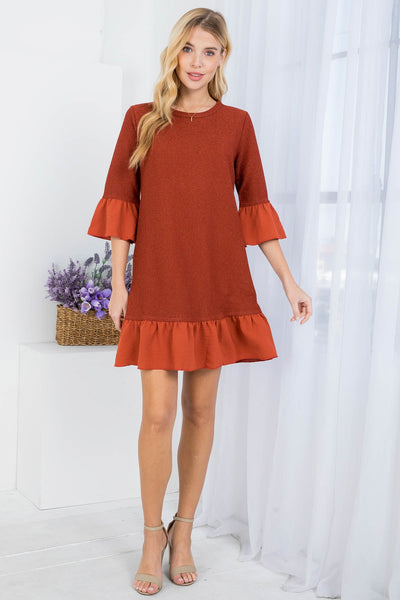 RUST ROUND NECKLINE RUFFLE HEM & SLEEVE MINI DRESS (NOW $4.00 ONLY!)