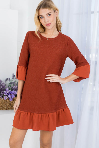 RUST ROUND NECKLINE RUFFLE HEM & SLEEVE MINI DRESS (NOW $4.00 ONLY!)