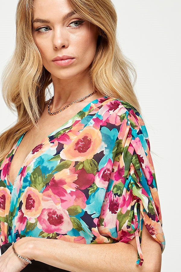 MULTI BLACK FLORAL PRINT V-NECKLINE RUCHED DRAWSTING SLEEVES RUCHED DRAWSTING SLEEVES PLUS SIZE DRESS