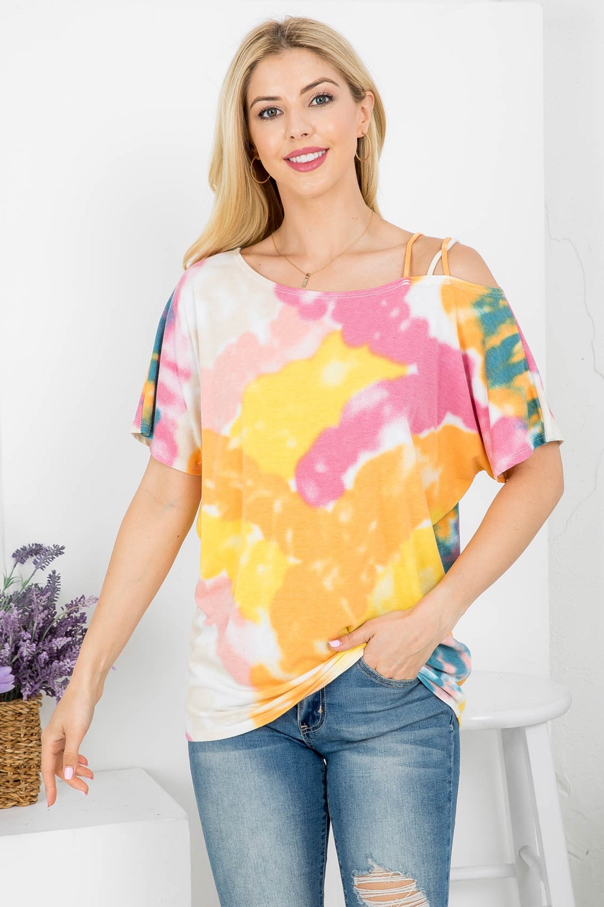 YELLOW ORANGE TIE DYE ROUND NECKLINE WITH MULTI SPAGHETTI STRAP TOP