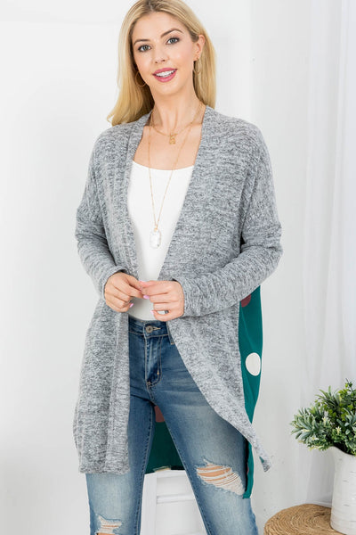 GRAY HUNTER GREEN WITH DOTS PRINT OPEN FRONT CARDIGAN