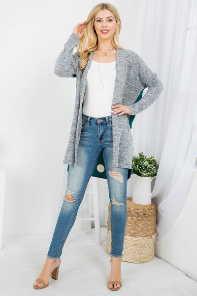 GRAY HUNTER GREEN WITH DOTS PRINT OPEN FRONT CARDIGAN
