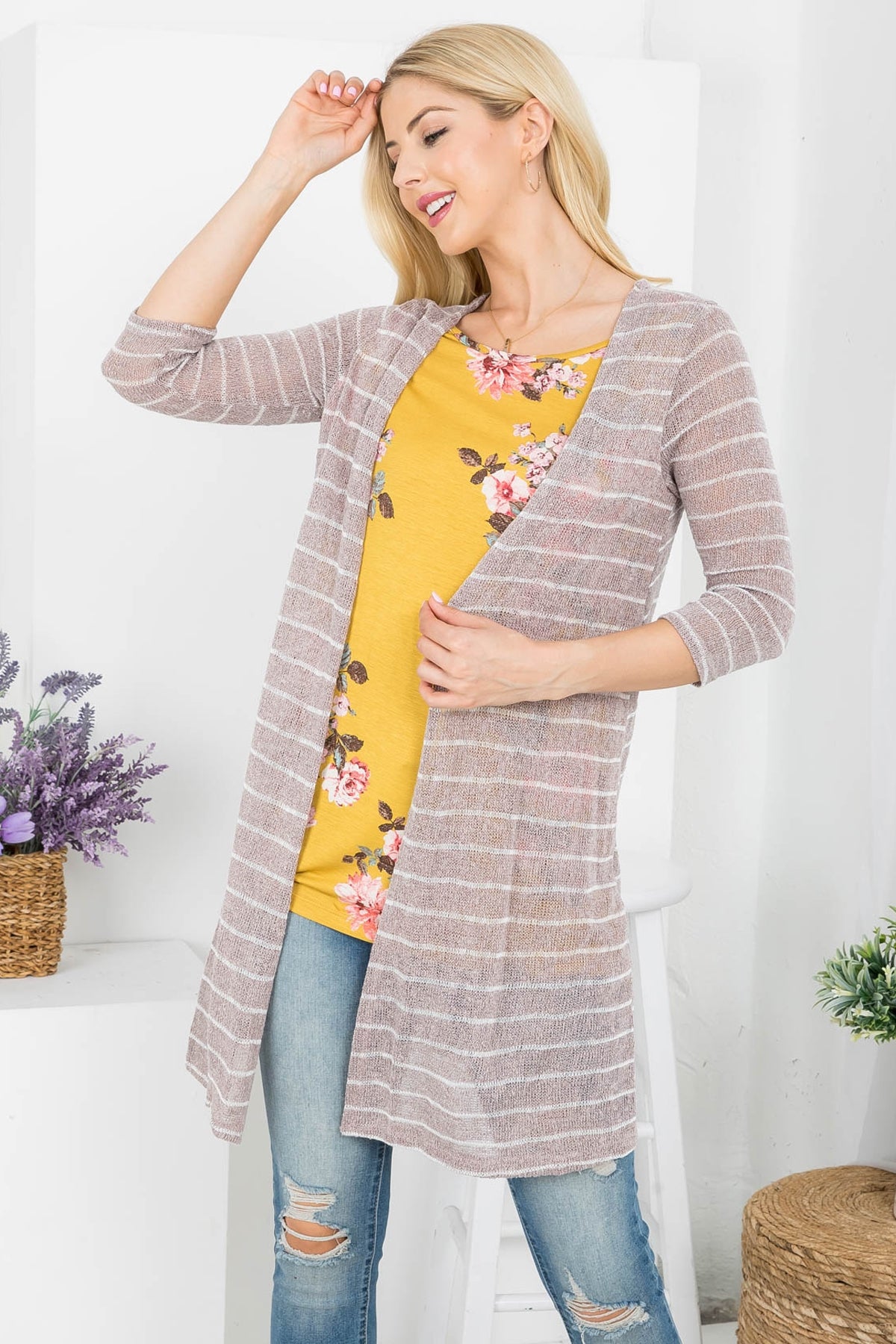 MUSTARD TAUPE STRIPES FLORAL PRINT OPEN FRONT 3/4 SLEEVE TOP