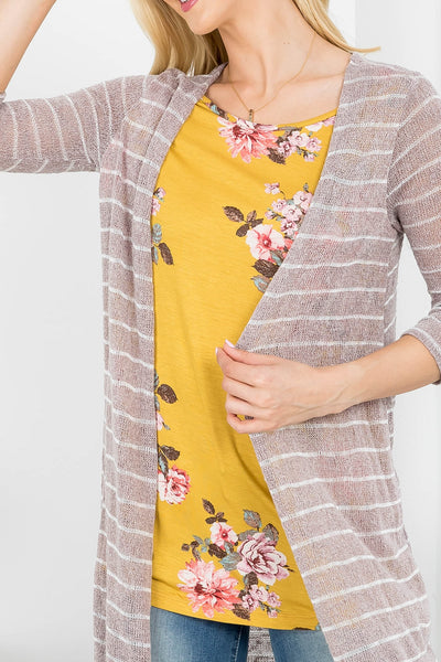 MUSTARD TAUPE STRIPES FLORAL PRINT OPEN FRONT 3/4 SLEEVE TOP