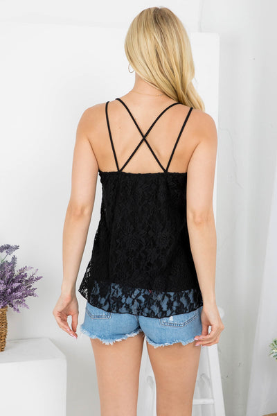 BLACK1 CROSSED BACK SPAGHETTI STRAP FLORAL LACE THROUGHOUT TOP