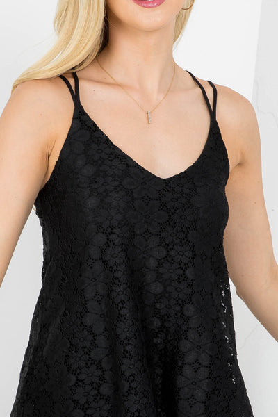 BLACK2 CROSSED BACK SPAGHETTI STRAP FLORAL LACE THROUGHOUT TOP