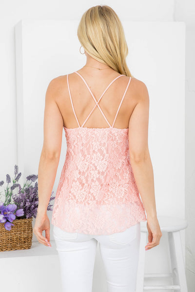 BLUSH CROSSED BACK SPAGHETTI STRAP FLORAL LACE THROUGHOUT TOP