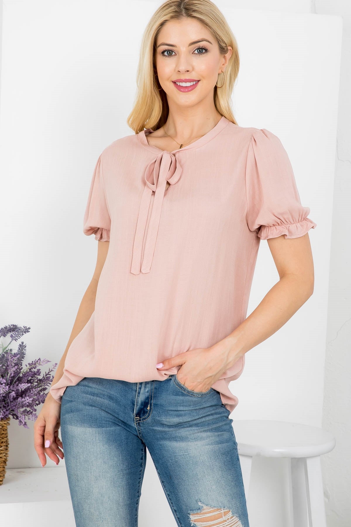 DUSTY ROSE ROUND NECKLINE WITH FRONT TIE CUFFED SHORT SLEEVE TOP