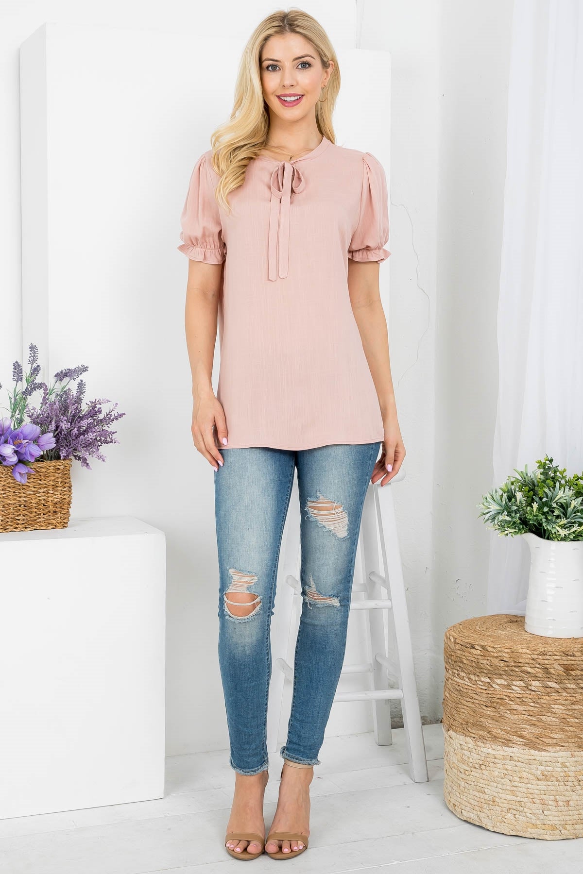 DUSTY ROSE ROUND NECKLINE WITH FRONT TIE CUFFED SHORT SLEEVE TOP