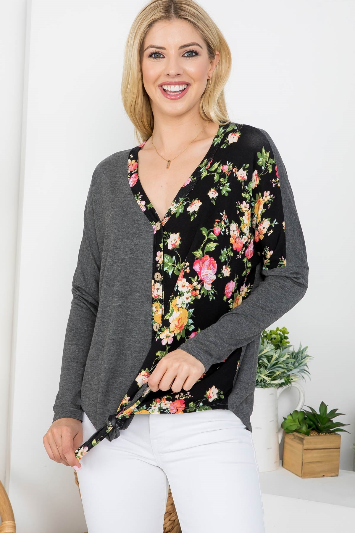 CHARCOAL BLACK FLORAL PRINT BUTTON DOWN V-NECKLINE WITH KNOT TWIST TOP