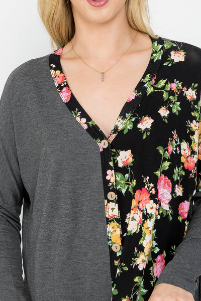 CHARCOAL BLACK FLORAL PRINT BUTTON DOWN V-NECKLINE WITH KNOT TWIST TOP