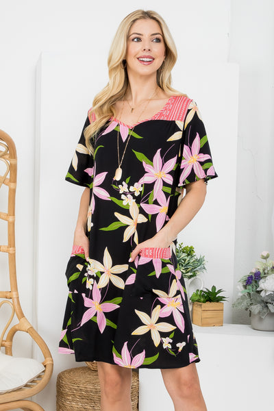 BLACK FLORAL PRINT SWEETHEART NECKLINE WITH FRONT POCKET DRESS (NOW $2.50 ONLY!)