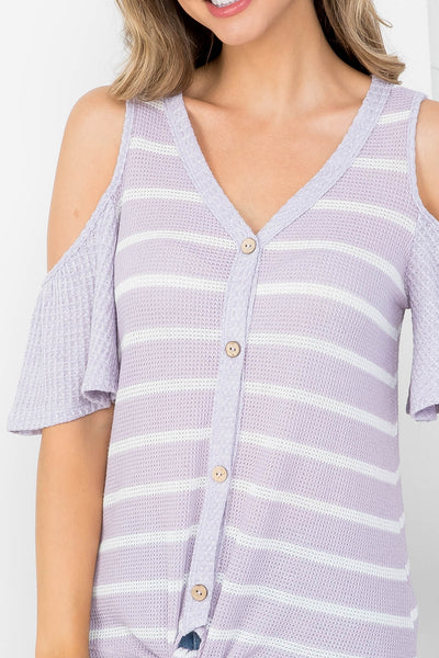 LILAC IVORY STRIPES V-NECKLINE BUTTON DOWN WITH FRONT KNOT TWIST COLD SHOULDER TOP