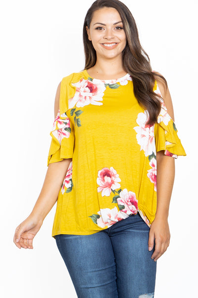 YELLOW FLOWER PRINT PLUS SIZE TOP