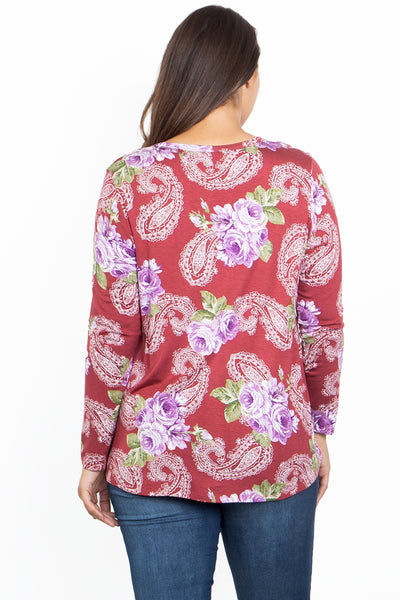 BURGUNDY PRINT PLUS SIZE TOP