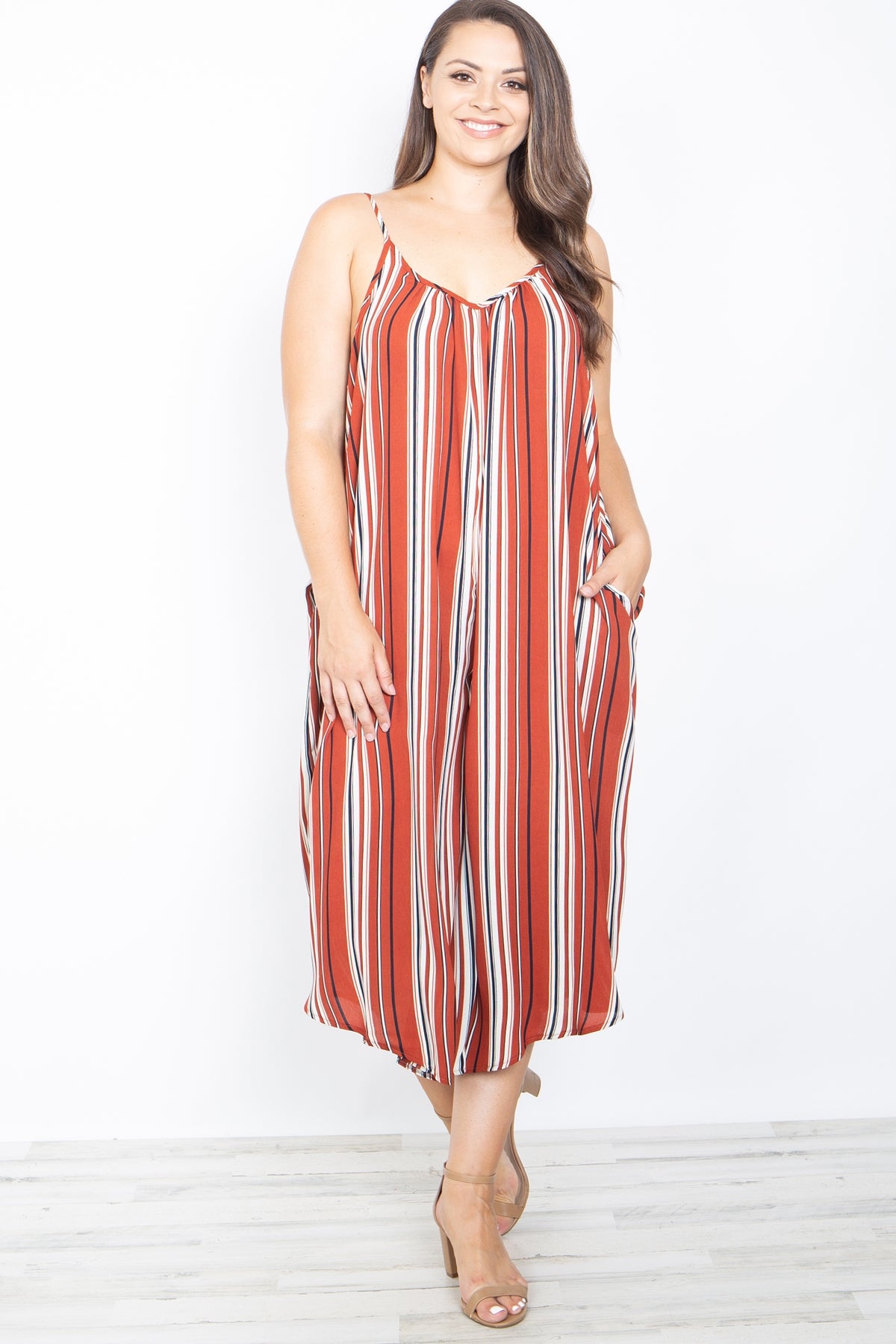 RUST/IVORY STRIPES PLUS SIZE JUMPSUIT 2-2-2 (NOW $5.75 ONLY!)