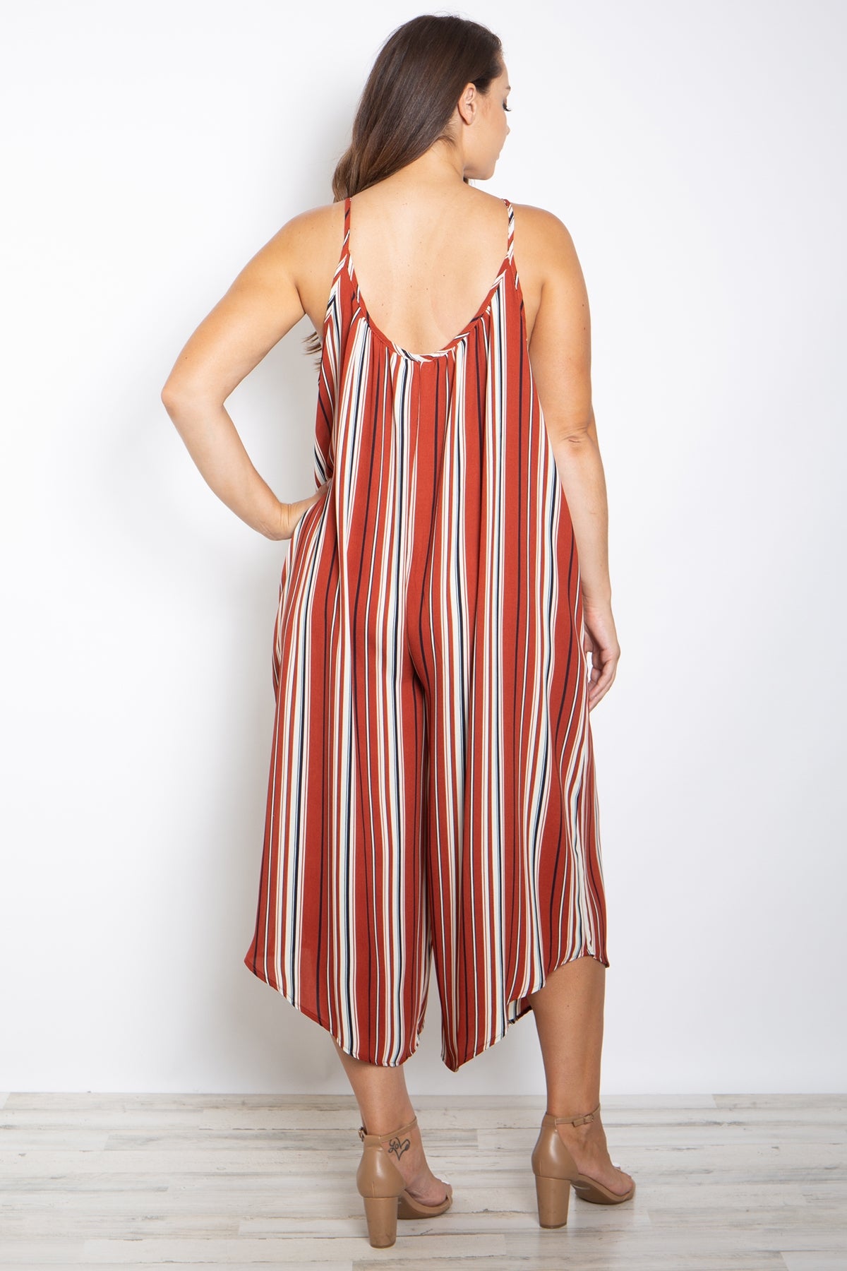 RUST/IVORY STRIPES PLUS SIZE JUMPSUIT 2-2-2 (NOW $5.75 ONLY!)