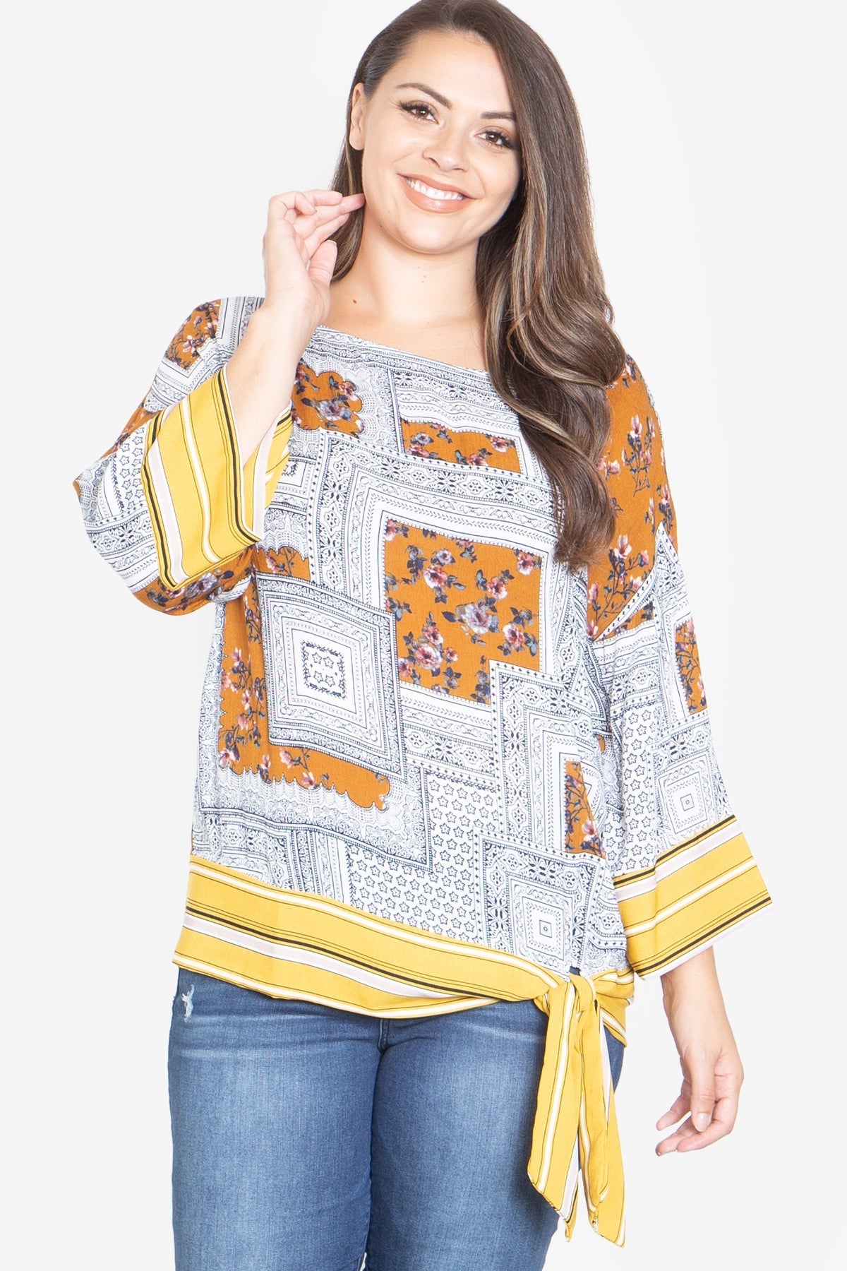 MUSTARD PRINTED PLUS SIZE TOP