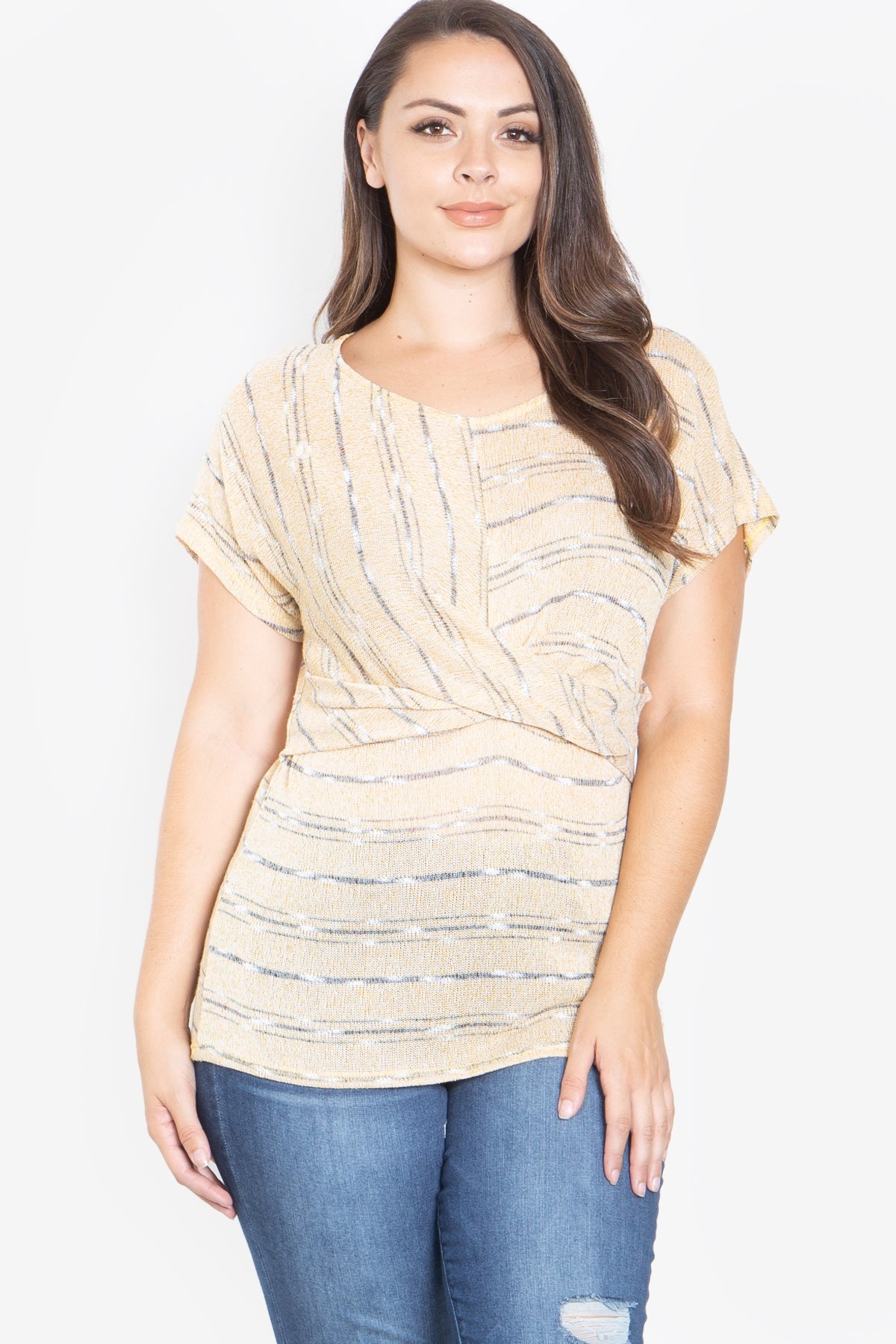 LIGHT MUSTARD GREY TWIST FRONT PLUS SIZE TOP