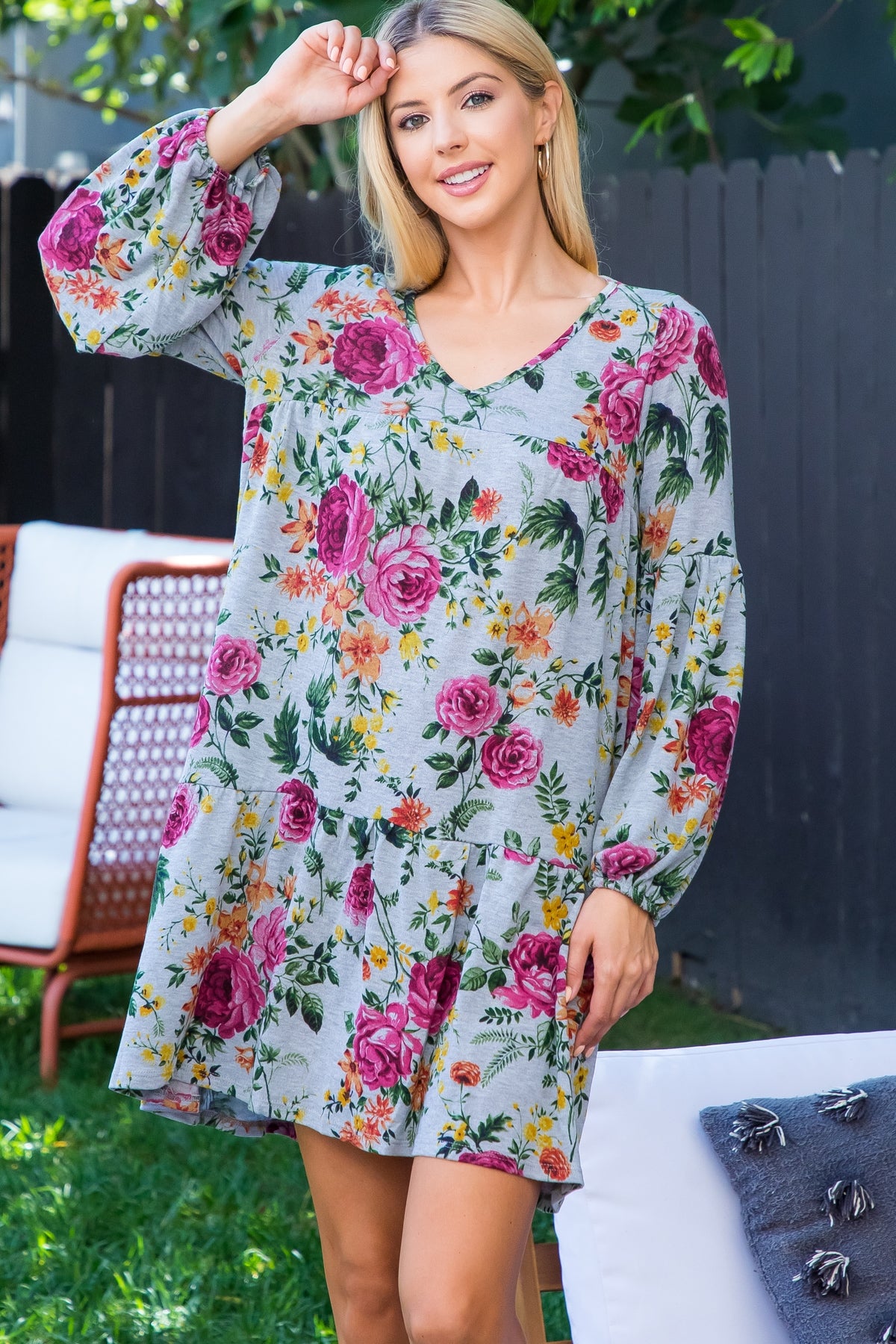 GREY FLORAL LONG SLEEVE DRESS (NOW $3.00 ONLY!)