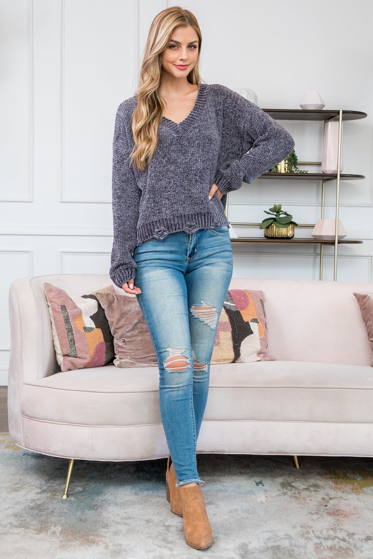 '-CHARCOAL V-NECK LONG SLEEVE KNITTED SWEATER (NOW $7.75 ONLY!)