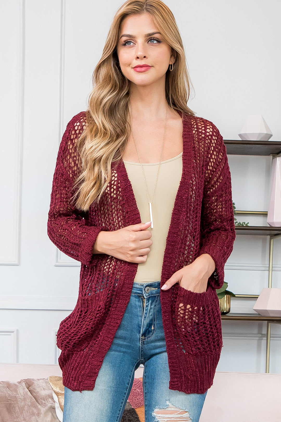 BURGUNDY LONG SLEEVE CROCHET CARDIGAN – MYS Wholesale