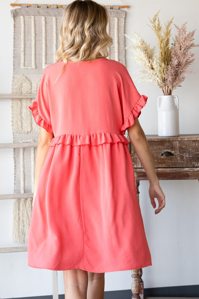 CORAL LOOSE FIT RUFFLE SLEEVE DRESS