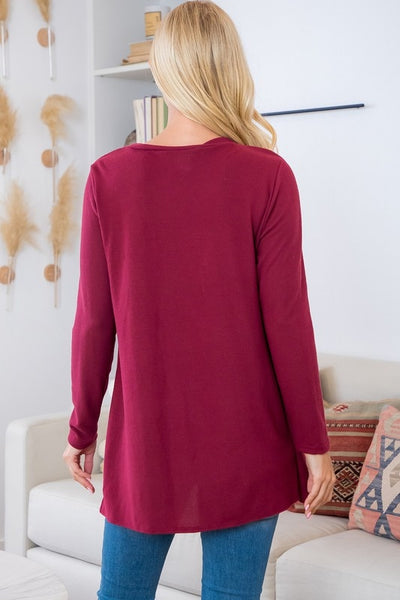 BURGUNDY LONG SLEEVE BUTTON SIDE TUNIC TOP