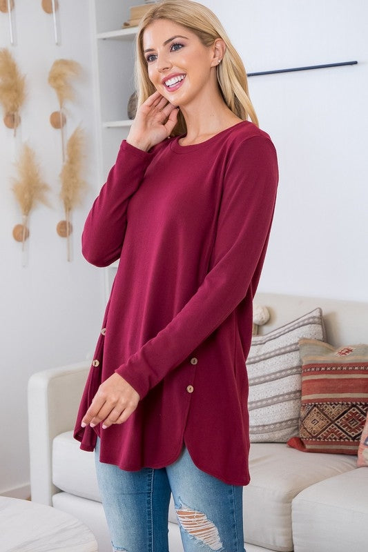 BURGUNDY LONG SLEEVE BUTTON SIDE TUNIC TOP