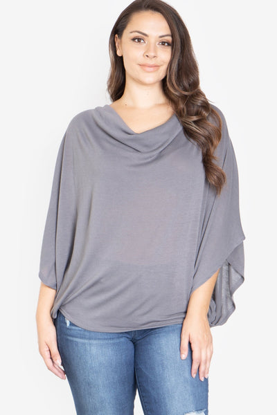 GREY PLUS SIZE COWL NECKLINE DOLMAN SLEEVE TOP