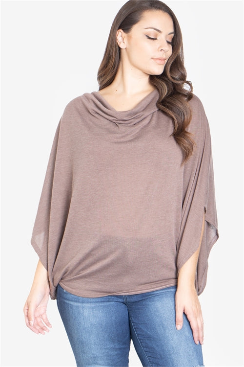 LIGHT BROWNPLUS SIZE COWL NECKLINE DOLMAN SLEEVE TOP 1-3-3