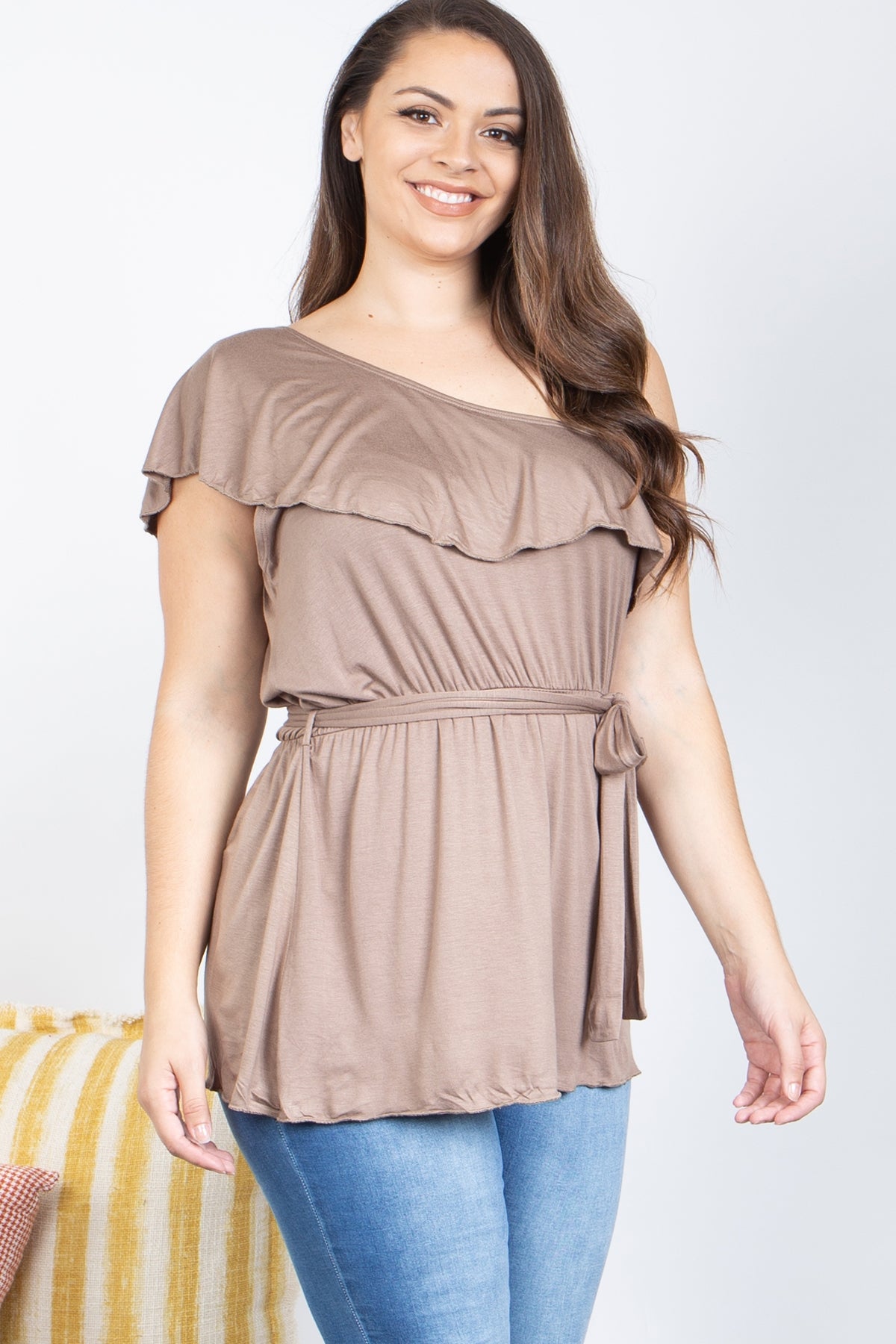 BROWN PLUS SIZE ONE SIDE COLD SHOULDER TOP