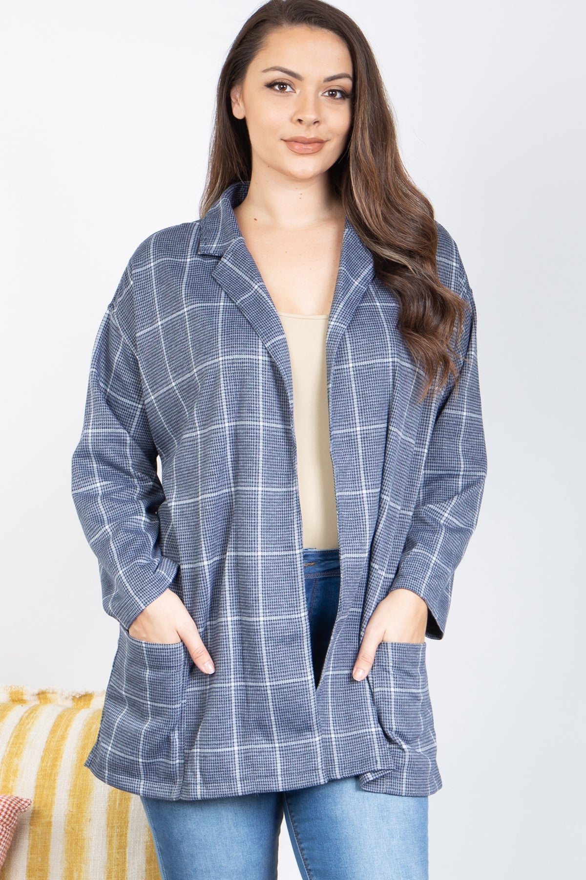 GREY PLAID OPEN FRONT JACKET