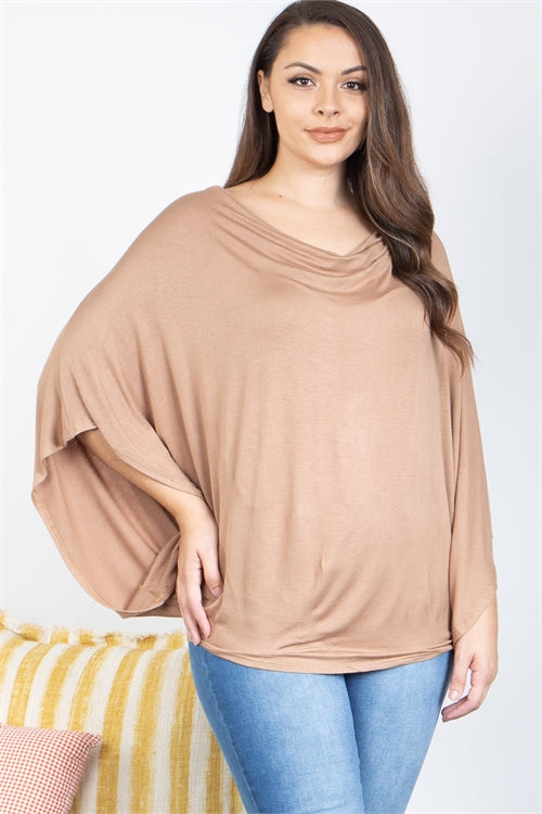 TAUPE PLUS SIZE COWL NECKLINE DOLMAN SLEEVE TOP 2-2-2
