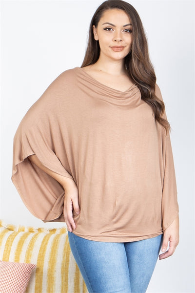 TAUPE PLUS SIZE COWL NECKLINE DOLMAN SLEEVE TOP 2-2-2