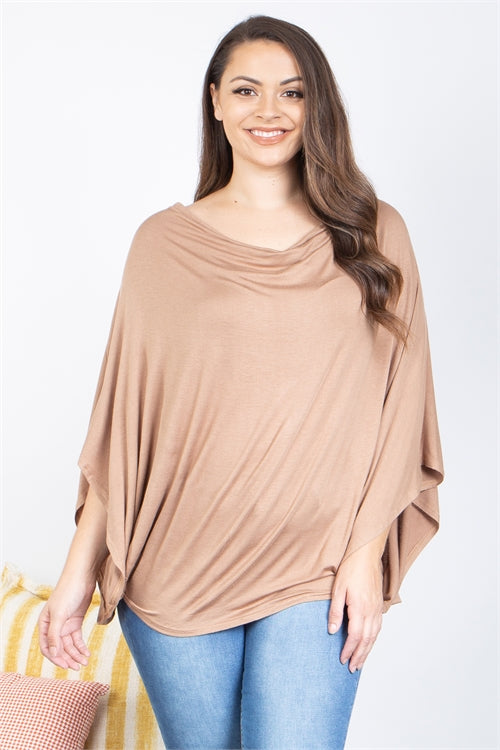 TAUPE PLUS SIZE COWL NECKLINE DOLMAN SLEEVE TOP 2-2-2