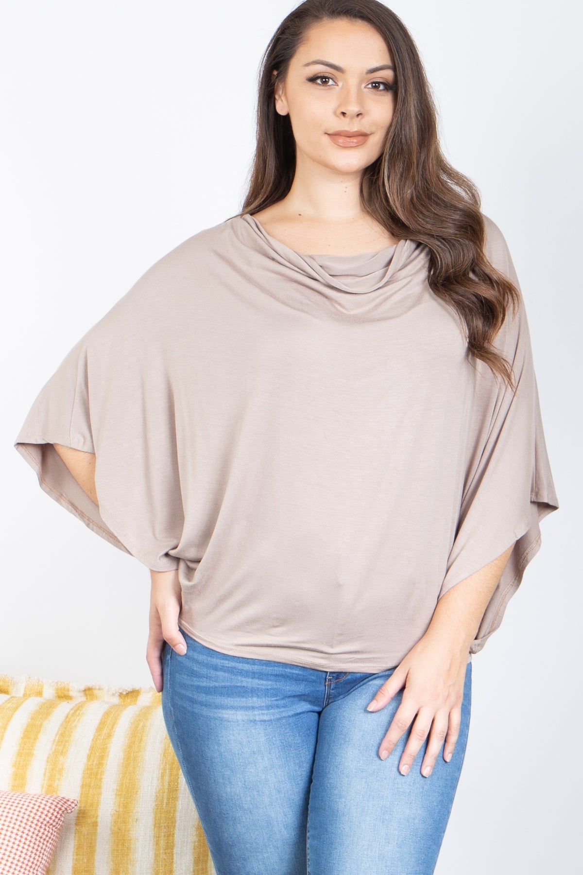 LIGHT TAN PLUS SIZE COWL NECKLINE DOLMAN SLEEVE TOP