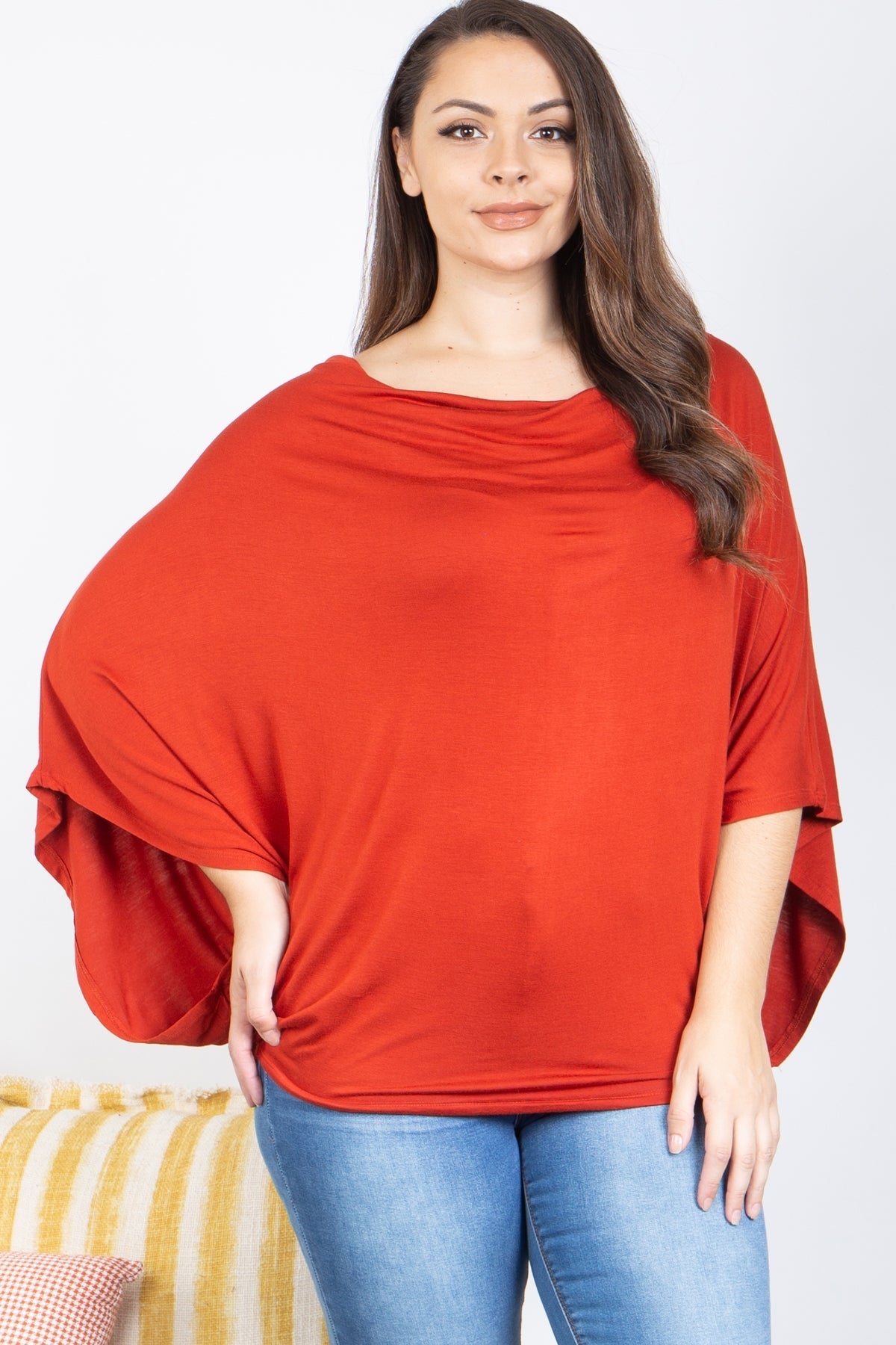 RUST PLUS SIZE COWL NECKLINE DOLMAN SLEEVE TOP