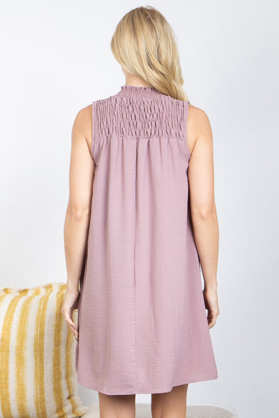 MAUVE SLEEVELES SMOCKED SHIFT DRESS