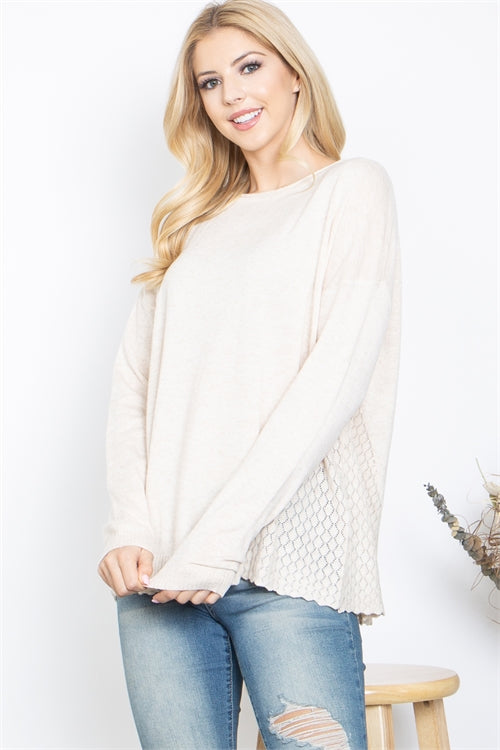 T634-OATMEAL BACK BUTTON DOWN LACE DETAIL TOP-1-2-2-1-1