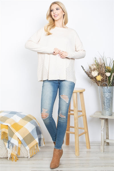 T634-OATMEAL BACK BUTTON DOWN LACE DETAIL TOP-1-2-2-1-1
