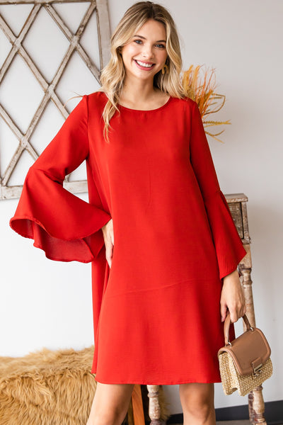 RUST BELL SLEEVE ROUND NECK SHIFT DRESS 2-2-2