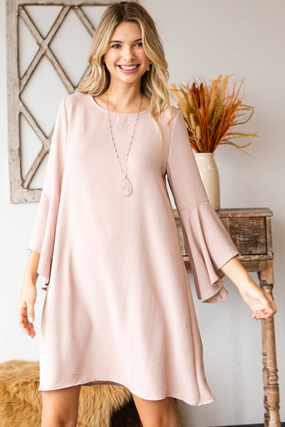 MAUVE BELL SLEEVE ROUND NECK SHIFT DRESS