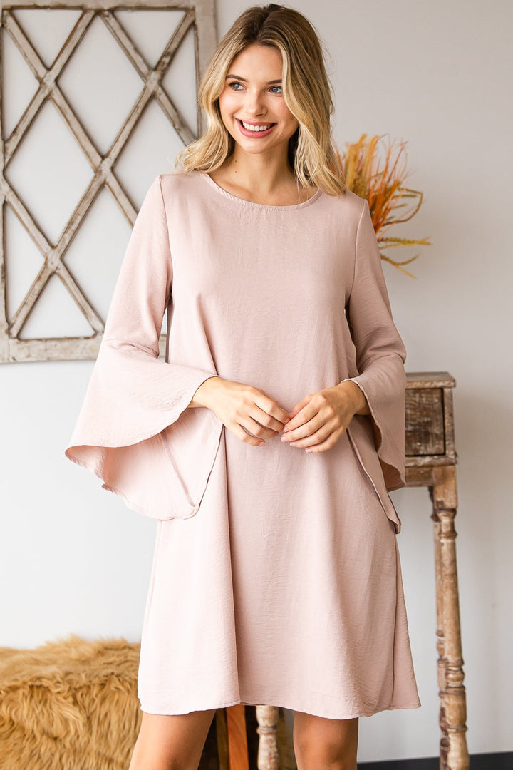 MAUVE BELL SLEEVE ROUND NECK SHIFT DRESS  MYS Wholesale