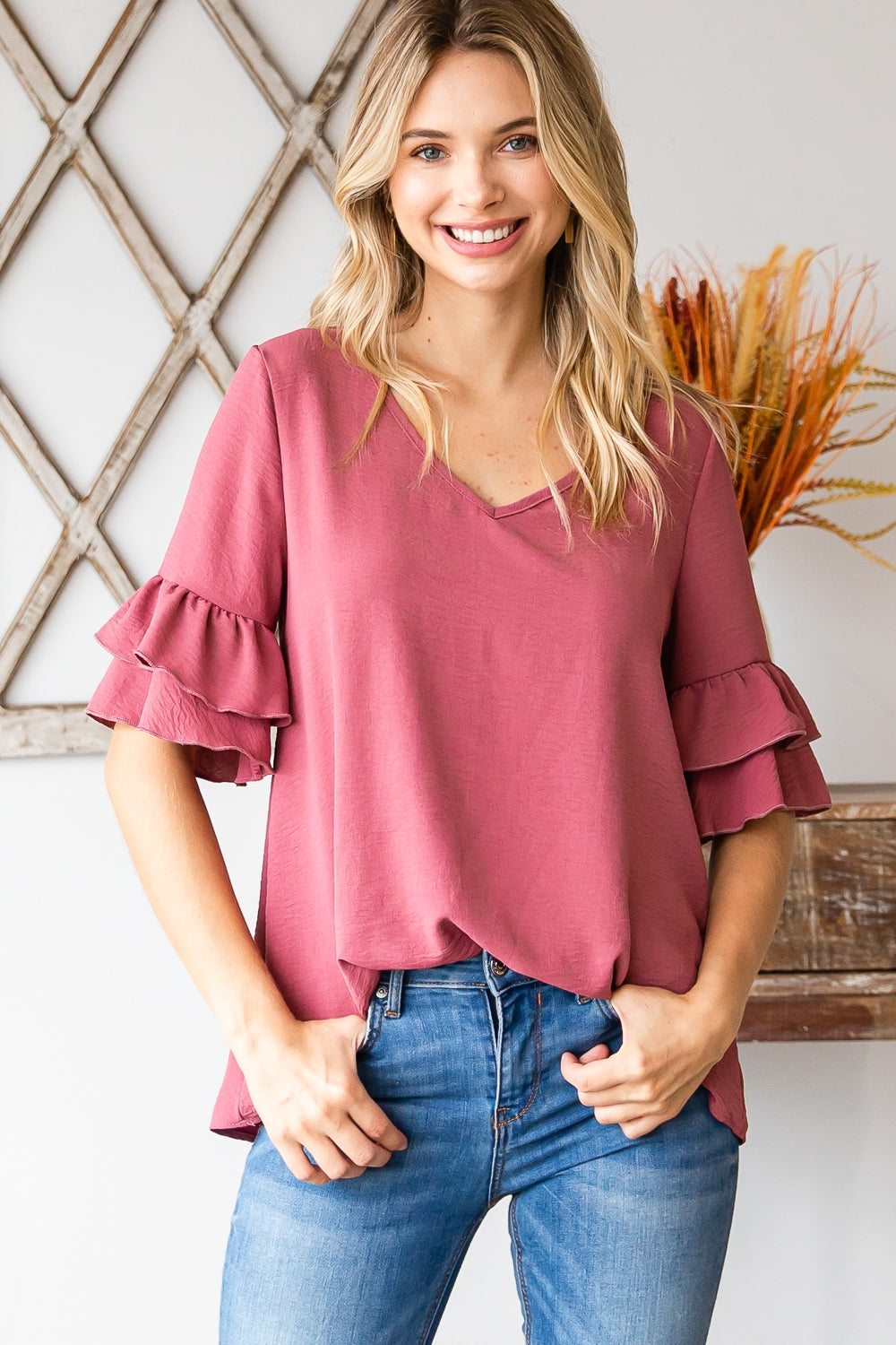 MULBERRY DOUBLE RUFFLE V-NECK TOP