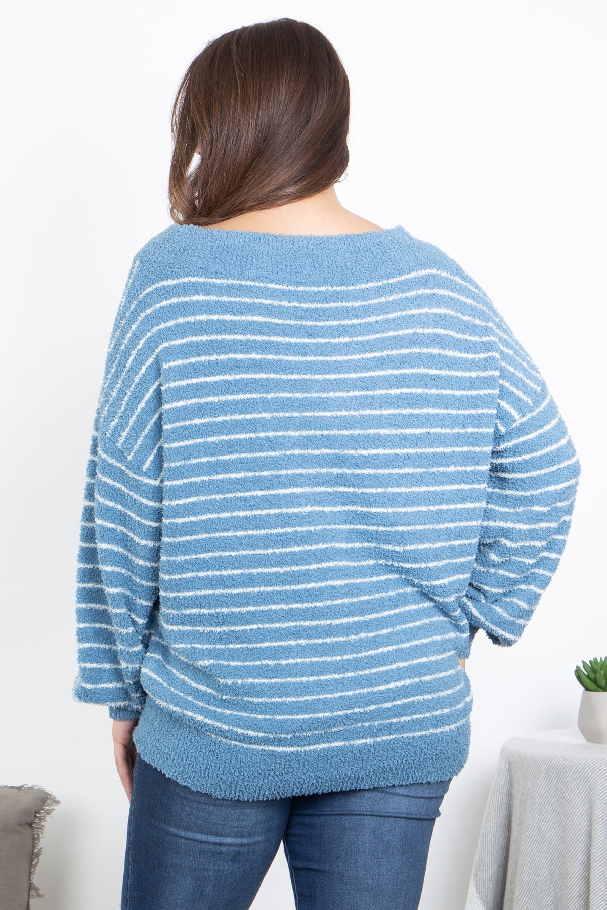 SLATE BLUE/WHITE STRIPES PLUS SIZE SWEATER