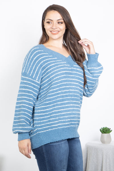 SLATE BLUE/WHITE STRIPES PLUS SIZE SWEATER