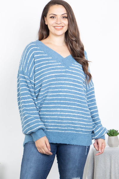 SLATE BLUE/WHITE STRIPES PLUS SIZE SWEATER