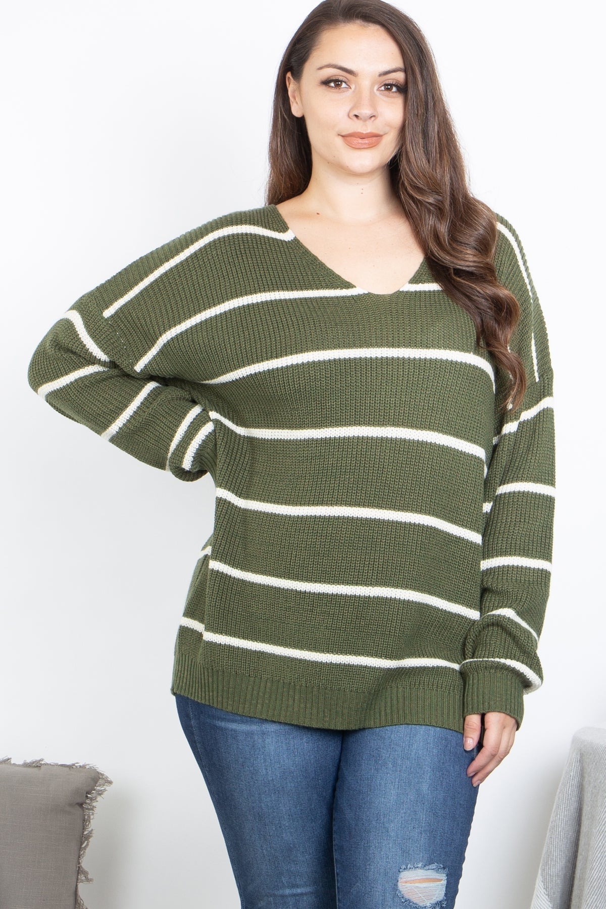 OLIVE/IVORY STRIPE PLUS SIZE SWEATER